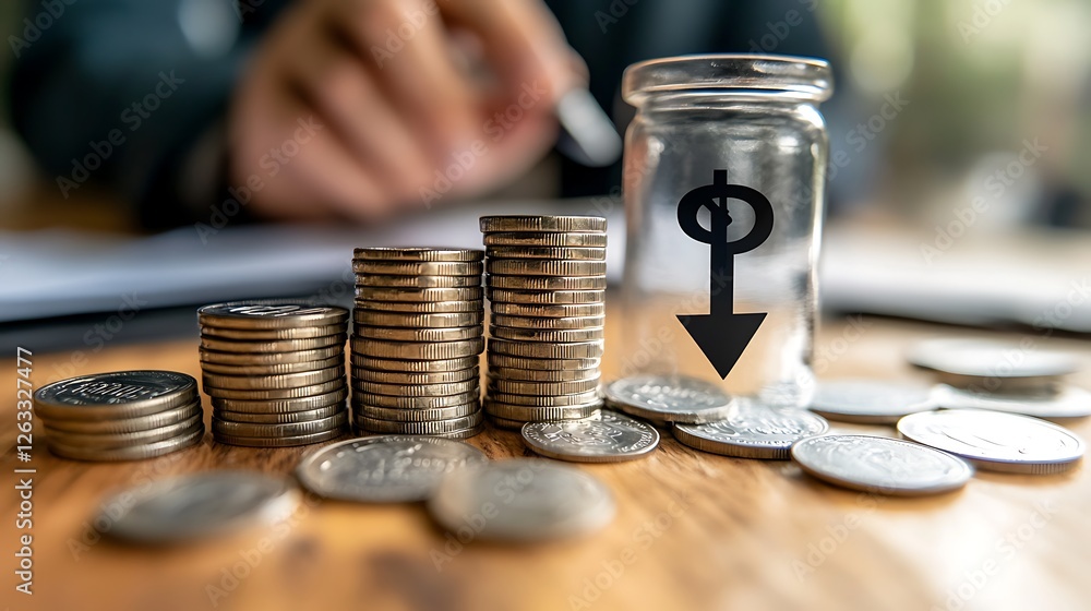 Poster decreasing stacks of coins next to a jar with a downward arrow.