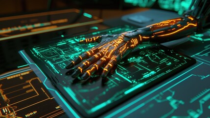 A sleek robotic hand illuminated with neon lights, resting on a high-tech control panel, symbolizing innovation and advanced technology.