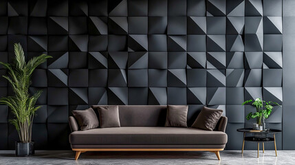 Polished, semi-gloss wall background featuring a triangular tile wallpaper with a 3D effect, showcasing sleek black blocks for a modern and sophisticated look