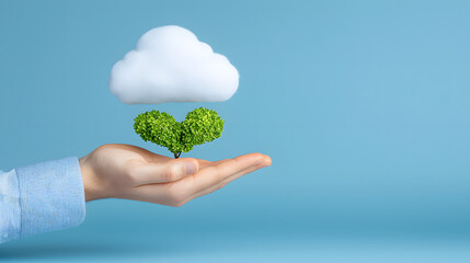 hand holding green heart shaped plant with cloud above it, symbolizing environmental care and sustainability