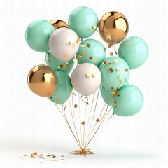 Grupa świątecznych miętowych złotych i białych balonów z konfetti na białym tle