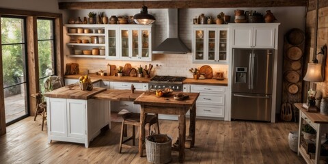 A well decorated and well lit rustic style kitchen