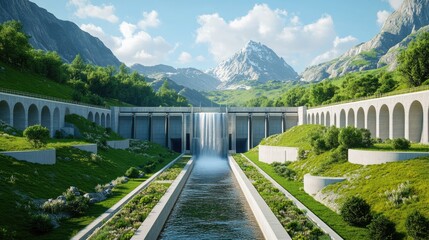 Fototapeta premium A massive hydroelectric dam with powerful water flow, turbines spinning to generate clean energy.