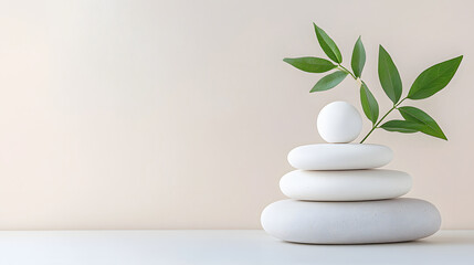 Minimalist stone stack with leaves and egg symbolizes balance and tranquility. This serene composition evokes feelings of peace and harmony in calming environment