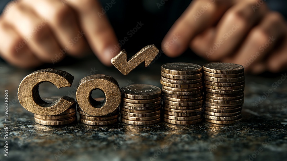 Poster bronze 'cost' letters on stacks of coins with hands pointing at an upward arrow.