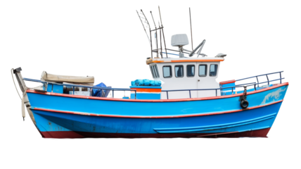 Fishing boat side view watercraft sailboat vehicle on transparent background.
