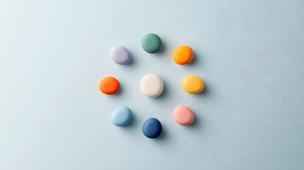 Colorful round stones arranged in circular pattern on light blue background, creating serene and harmonious visual. soft colors evoke sense of calm and balance