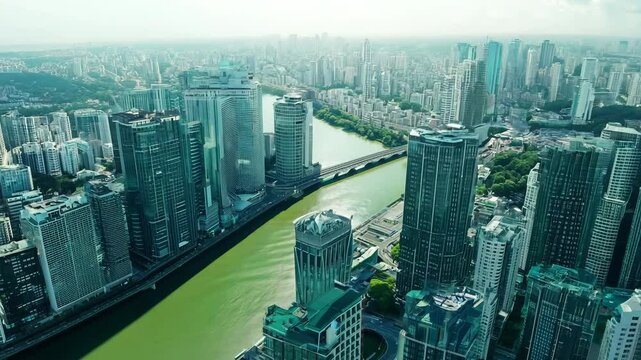 Dynamic cityscape revealing contemporary skyline bordering serpentine river, highlighting architectural progression and metropolitan energy
