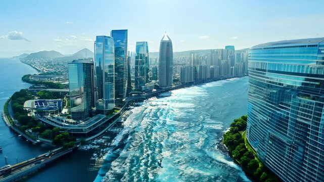 Aerial drone sweeping over sanya cityscape, revealing contemporary architecture blending with lush tropical coastline of hainan island