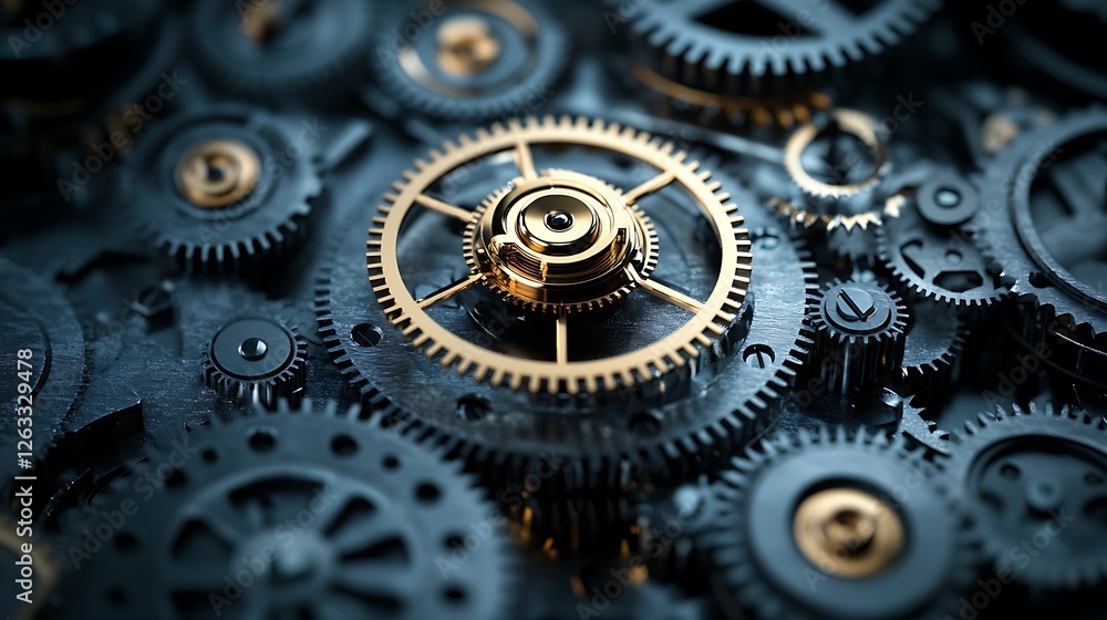 Poster close-up of intricate clockwork gears, showcasing precision engineering and complex mechanics.