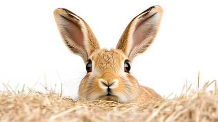 Obraz premium Hare portrait in straw - close up of a wild European Hare (Lepus europaeus) with long ears, brown fur, and dark eyes. The hare is surrounded by straw.