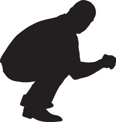 vector; silhouette of a side view of  man squatting and looking at camera