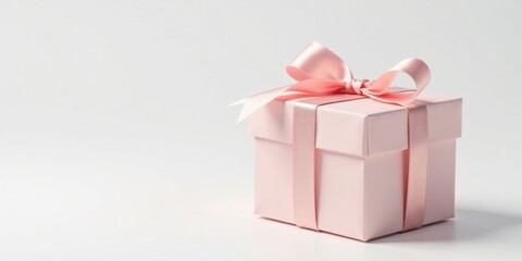 Obraz premium A delicately wrapped pink gift box with a soft satin ribbon, presented against a clean, minimalist background, suggesting elegance and thoughtful presentation.