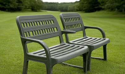 Two Classic Green Plastic Chairs on a Lush Green Lawn Surrounded by Trees in a Tranquil Outdoor Setting, Perfect for Relaxation and Leisure