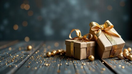 Elegant kraft paper gift boxes adorned with shimmering gold ribbons, resting on a rustic wooden surface scattered with golden decorative spheres, creating a luxurious festive scene.