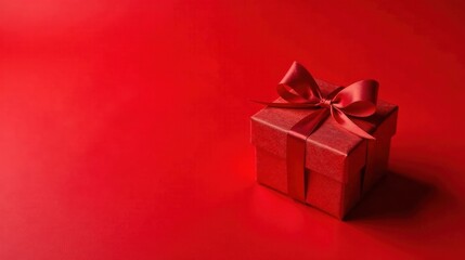 Obraz premium A crimson gift box adorned with a rich red satin ribbon, a symbol of thoughtful appreciation and heartfelt celebration.