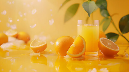 Naklejka premium Freshly squeezed orange juice in a glass surrounded by vibrant oranges on a sunny yellow backdrop