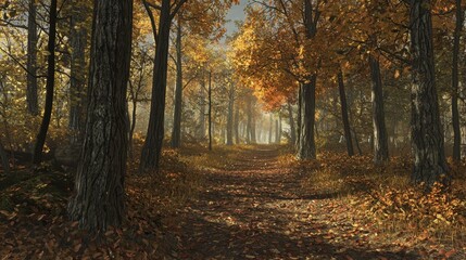 Obraz premium A serene forest path, lined with tall trees displaying brilliant autumn colors. Leaves cover the ground, and gentle sunlight creates a warm atmosphere in the tranquil setting