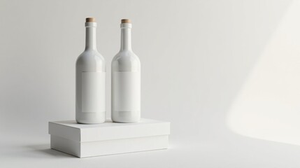 Two Blank White Bottles with Wooden Stoppers Resting on a Simple White Box