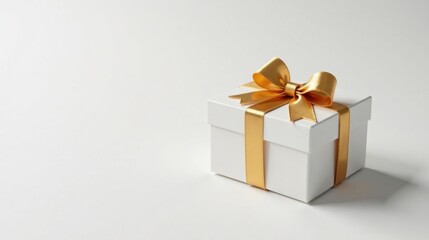 Obraz premium A pristine white gift box adorned with a luxurious golden ribbon bow, symbolizing celebration and thoughtful presentation