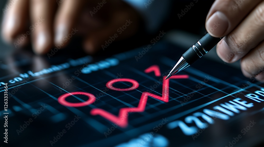 Poster close-up of a person using a stylus to analyze a financial graph showing a percentage decrease on a 