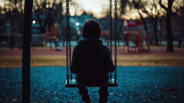 A child swings gently in a playground as the sun sets, casting a serene glow over the empty play area. Trees and playground equipment are silhouetted against the evening sky