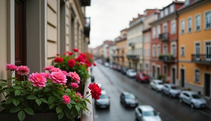 Colorful flowers on balcony overlooking rainy street