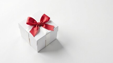 Fototapeta premium A single white gift box with a vibrant red ribbon bow, perfect for celebratory occasions and conveying heartfelt sentiments