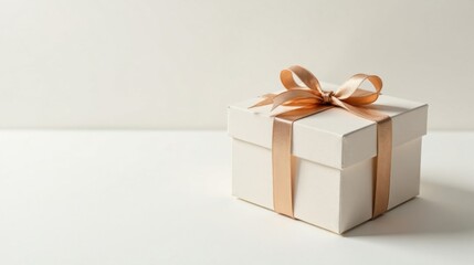 A delicately wrapped present, a square box adorned with a champagne-colored ribbon, sits elegantly on a pristine white surface, suggesting a moment of anticipation and celebration.