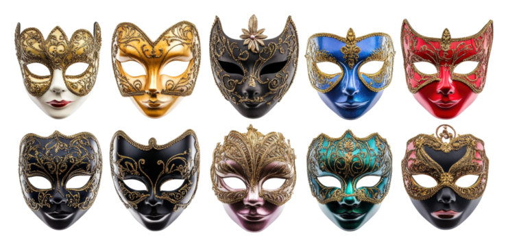 Cultural celebration colorful masks at venetian festival display isolated on transparent background