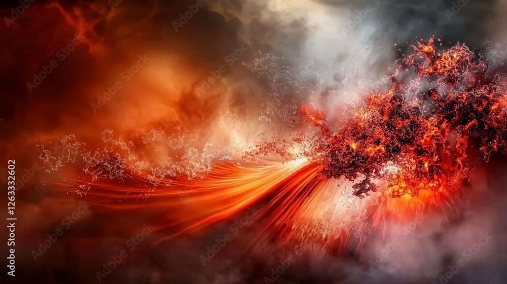 Poster fiery waves of red-orange glow through fog abstract landscape surreal environment dramatic viewpoint