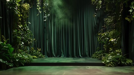 A deep forest green podium with dark green curtains, luxuriously draped and creating a serene, natural feel