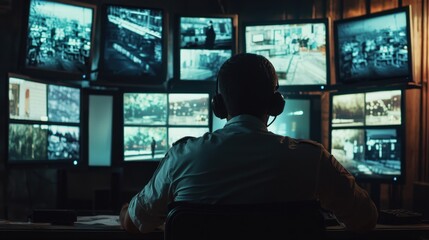 A surveillance operator sits at a desk, focused on various screens displaying live security feeds in a dark control room at night. The atmosphere is tense and vigilant