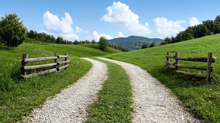 Fototapeta premium Winding Country Road, Green Hills, Summer Day, Pastoral Scene