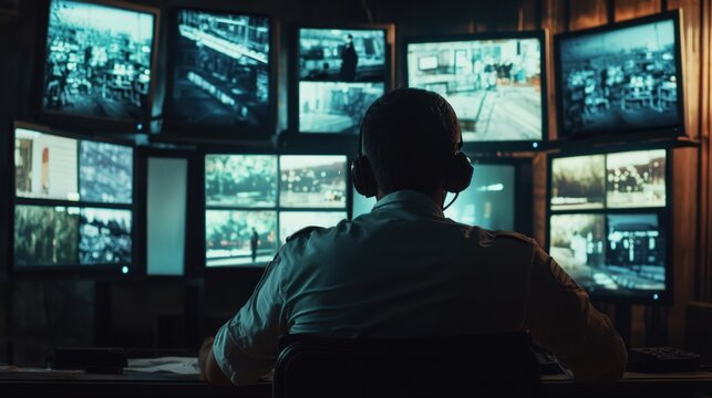 A surveillance operator sits at a desk, focused on various screens displaying live security feeds in a dark control room at night. The atmosphere is tense and vigilant