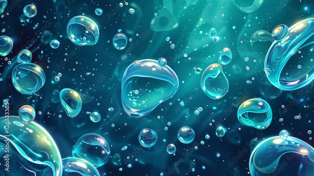 Poster bubbles floating in a serene blue environment with soft light reflections and a soothing atmosphere