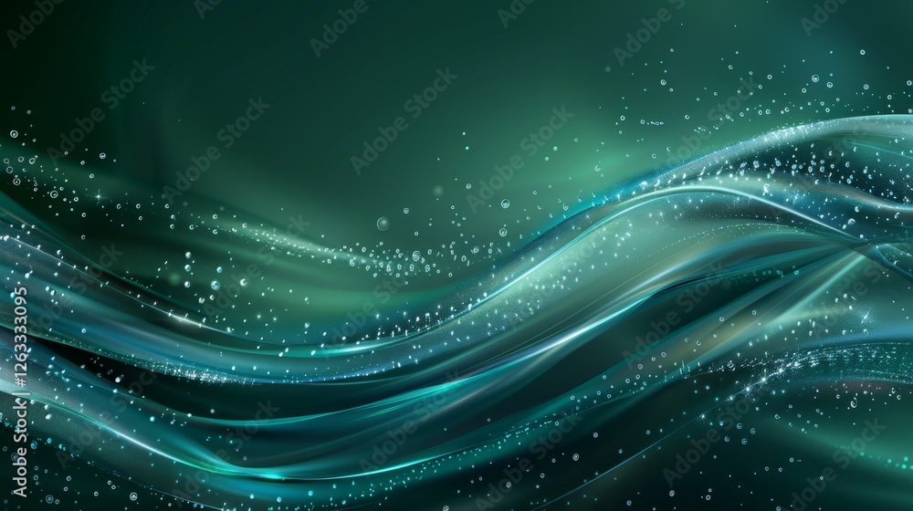 Poster abstract blue and green wave patterns with bubbles floating in a tranquil underwater setting