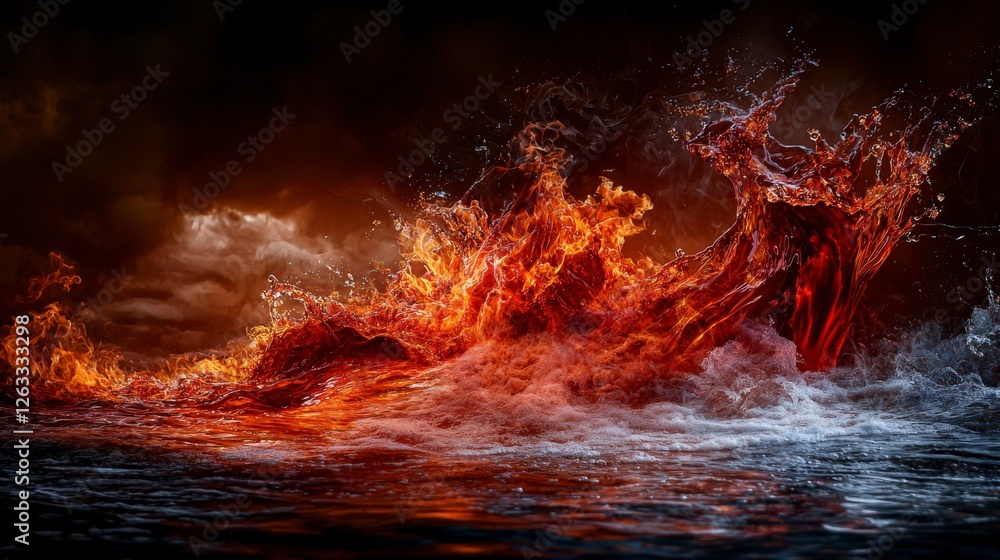Poster orangered waves surge through fog of thought ocean abstract art dramatic close-up power of nature