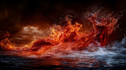 Fototapeta premium Orangered waves surge through fog of thought ocean abstract art dramatic close-up power of nature