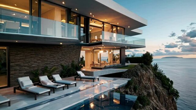 Aerial video view of a modern cliffside villa at sunset, showcasing sleek architecture, glass facades, and a luxurious pool overlooking the ocean.