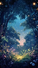 Fototapeta premium Enchanted forest clearing filled with glowing flora and fauna