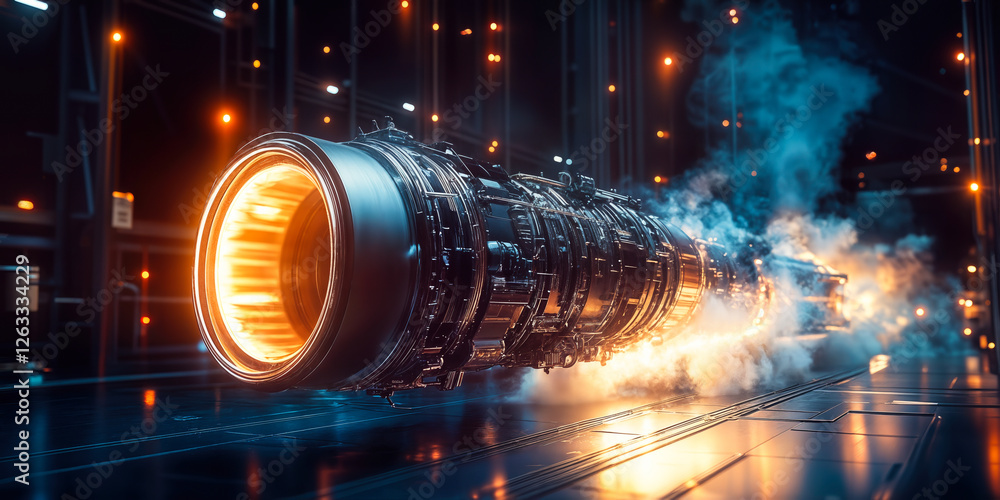 Poster flaming vortex rocket engine in industrial setting with dynamic light and smoke effects symbolizing 