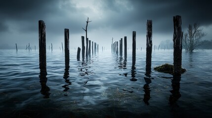Fototapeta premium Misty waters of grief abandoned landscape digital art foggy environment serene viewpoint emotional journey