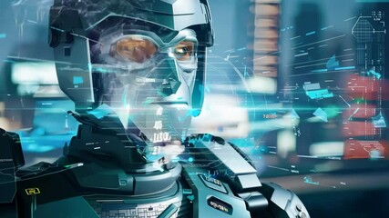 Graphical visualization of the advanced robot processing data and scanning environment in futuristic cityscape - Powered by Adobe