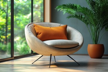 A cozy corner features a stylish modern armchair adorned with a decorative pillow, surrounded by vibrant indoor plants, all basking in the abundance of natural light flooding the bright room