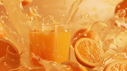 Fresh orange juice splashing from a glass surrounded by vibrant oranges in a bright setting