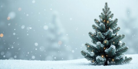 A Festive Miniature Evergreen Decorated with Silver Ornaments in a Snowy Winter Scene