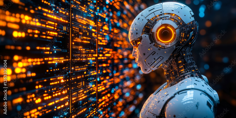 Poster futuristic robot analyzing digital data display with orange and blue lights in a high-tech environme
