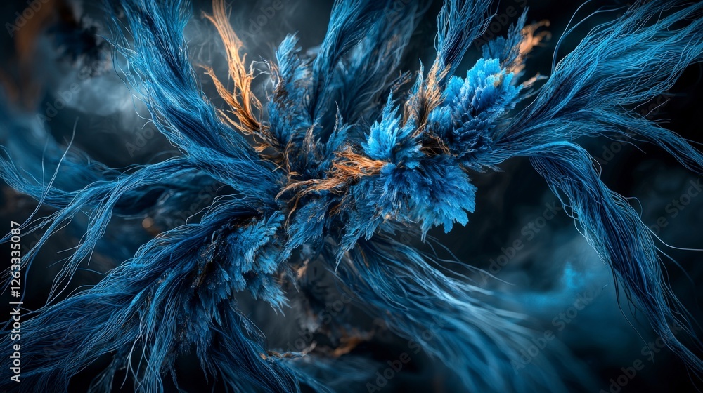 Poster vibrant cobalt strands dance in a dark expanse abstract art digital artwork ethereal environment