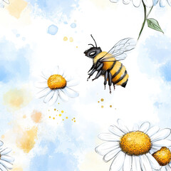 Naklejka premium Charming bumblebee with daisies in a watercolor style design for nature themed art or card